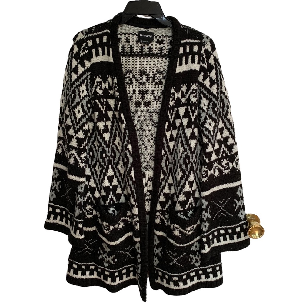 Joe Boxer Womens Black White Geometric Long Sleeve Open Front Long Cardigan Sz L